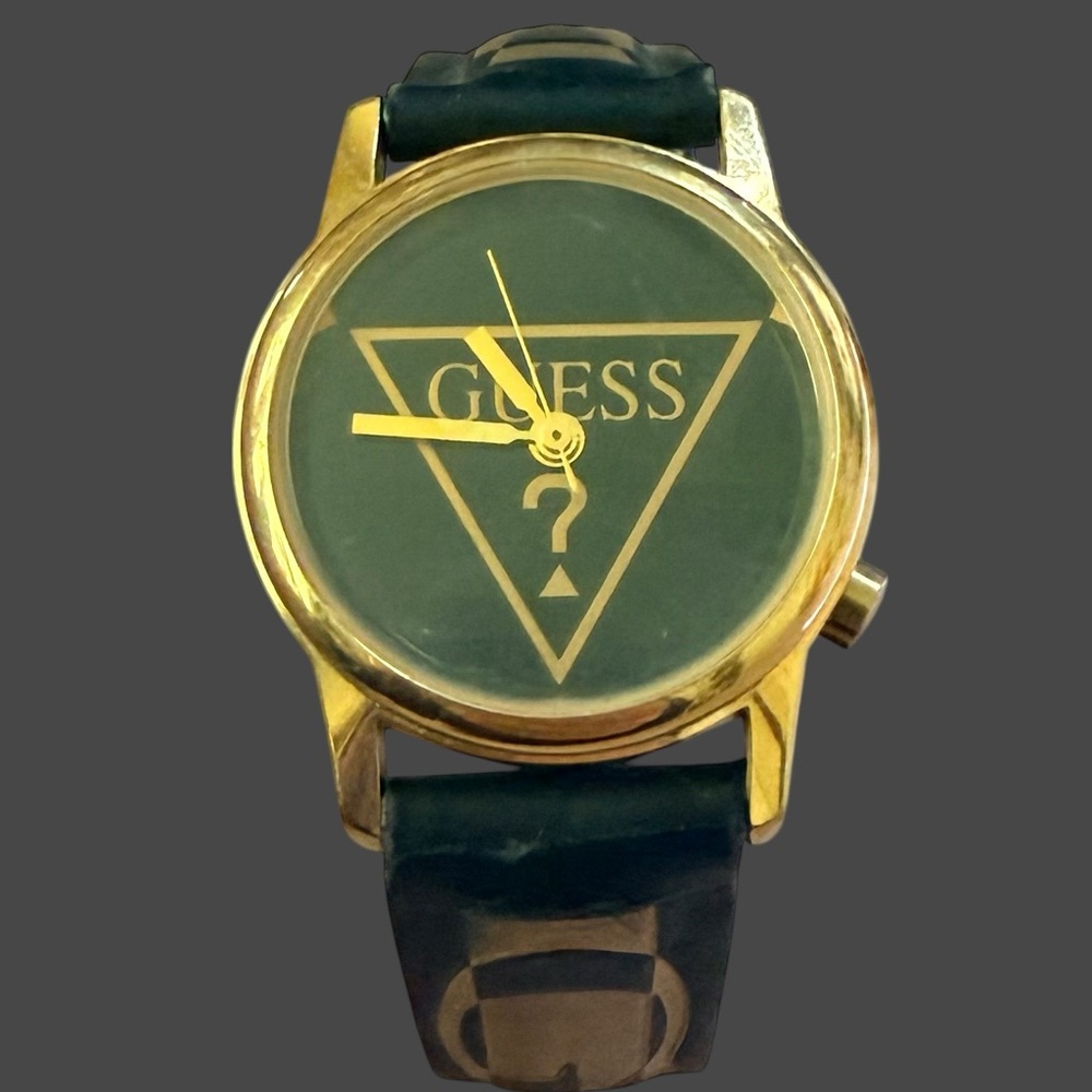 Vintage 1993 GUESS Gold Case Black Dial Leather Strap Watch